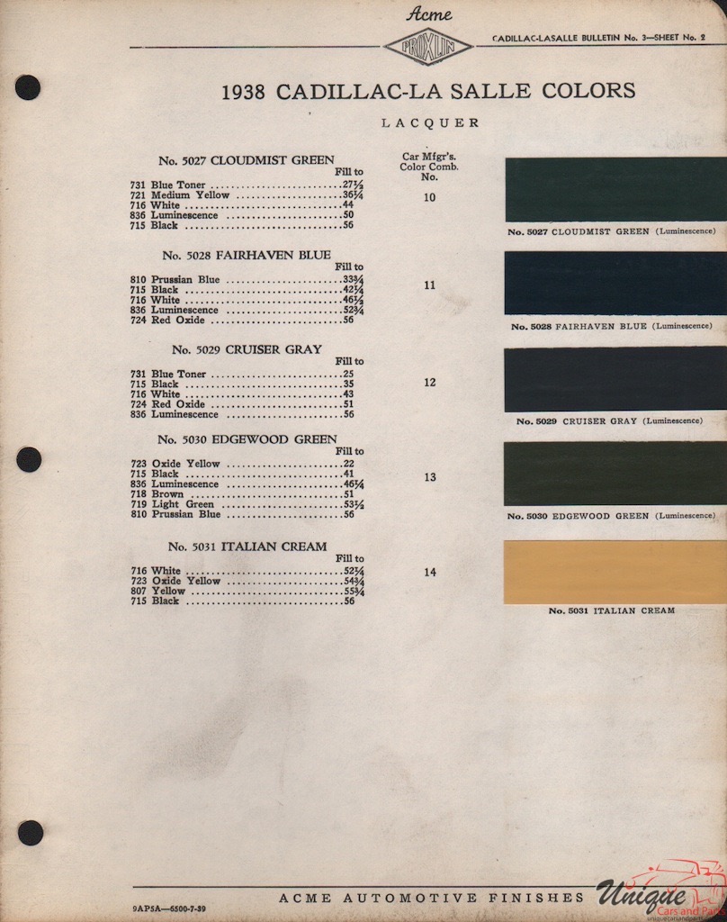1938 Cadillac Paint Charts Acme 2